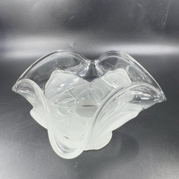 Viking Art Glass Epic Leaf Compote in Crystal Satin Frosted Clear Dish Bowl VTG - Picture 12 of 13